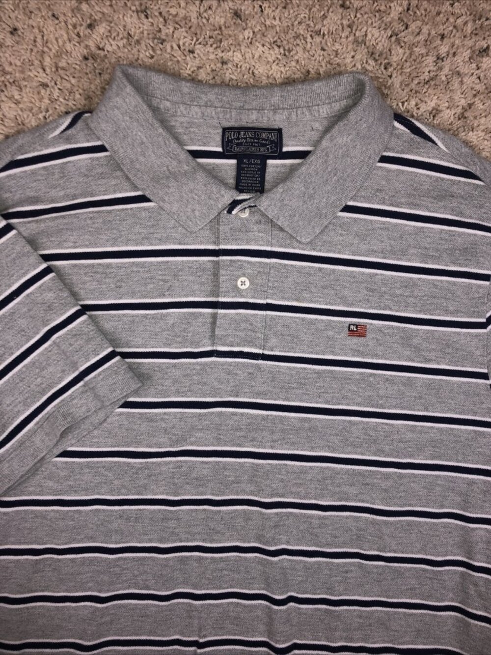 Polo Jeans Company Polo Shirt Mens Size XL Gray Blue White Striped, Flag Logo